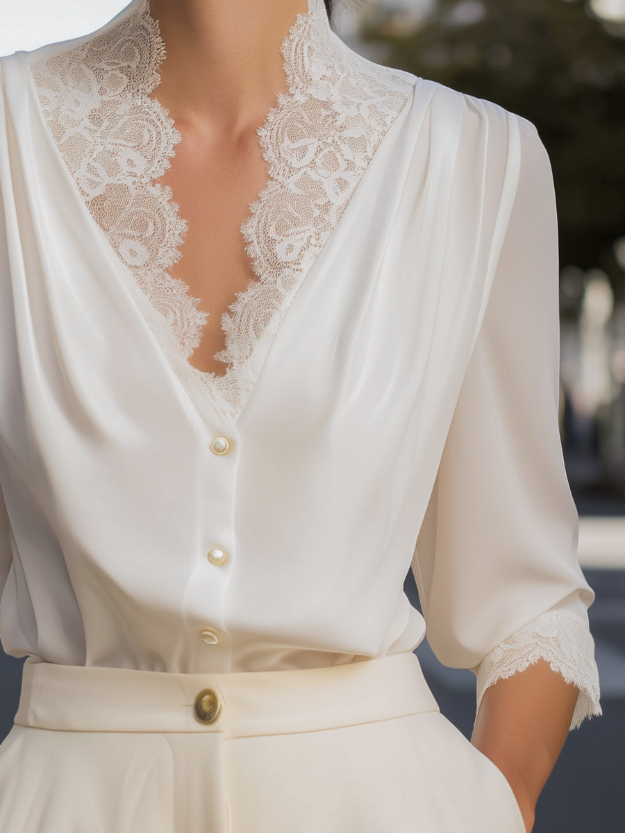 Lace Trim V-Neck Button Front Blouse