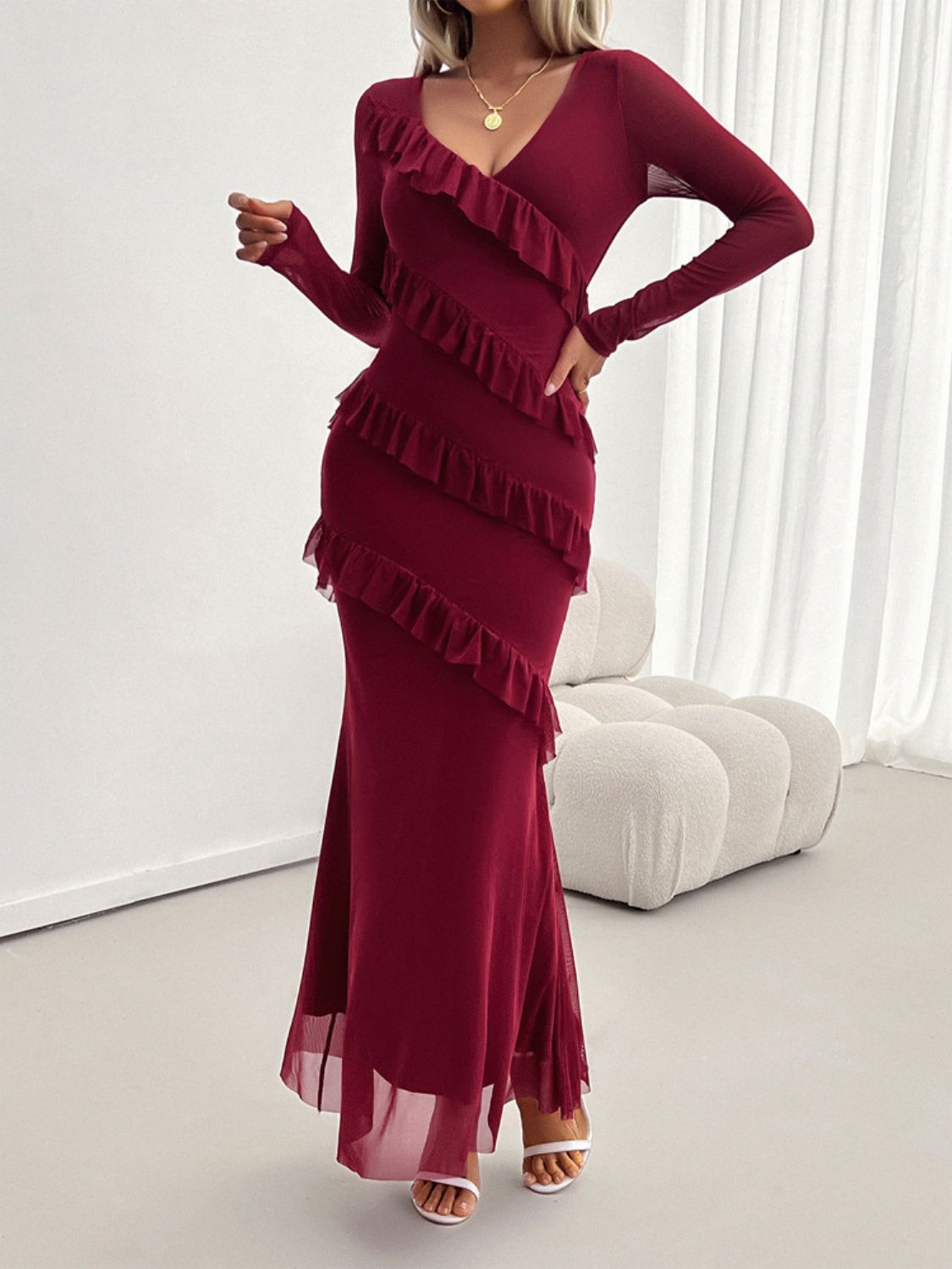 Mesh Surplice V-Neck Long Sleeve Tiered Ruffle Mermaid Maxi Dress