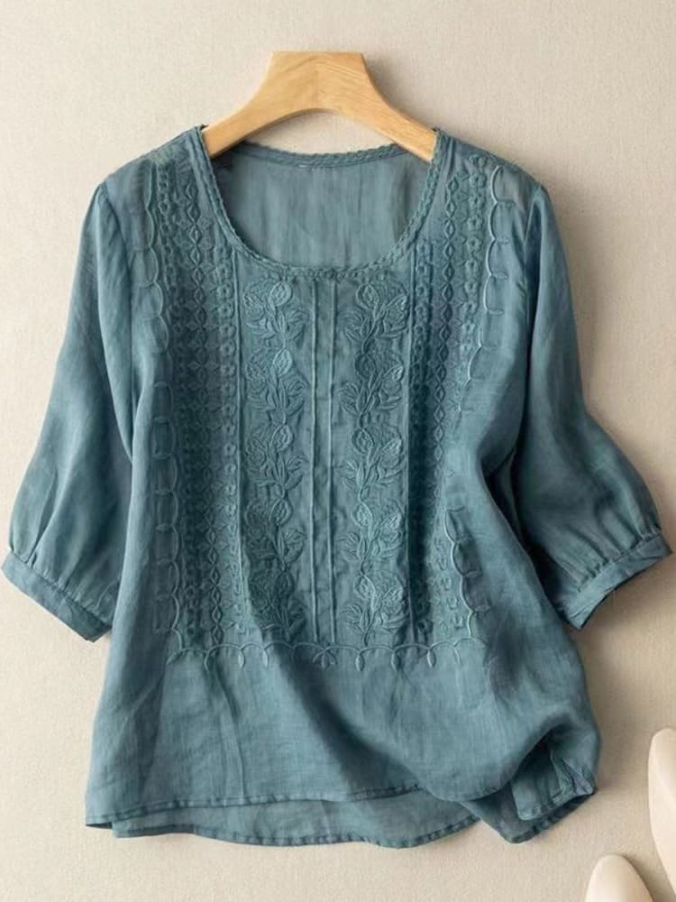 Round Neck Half Sleeve Floral Embroidered Linen Blouse