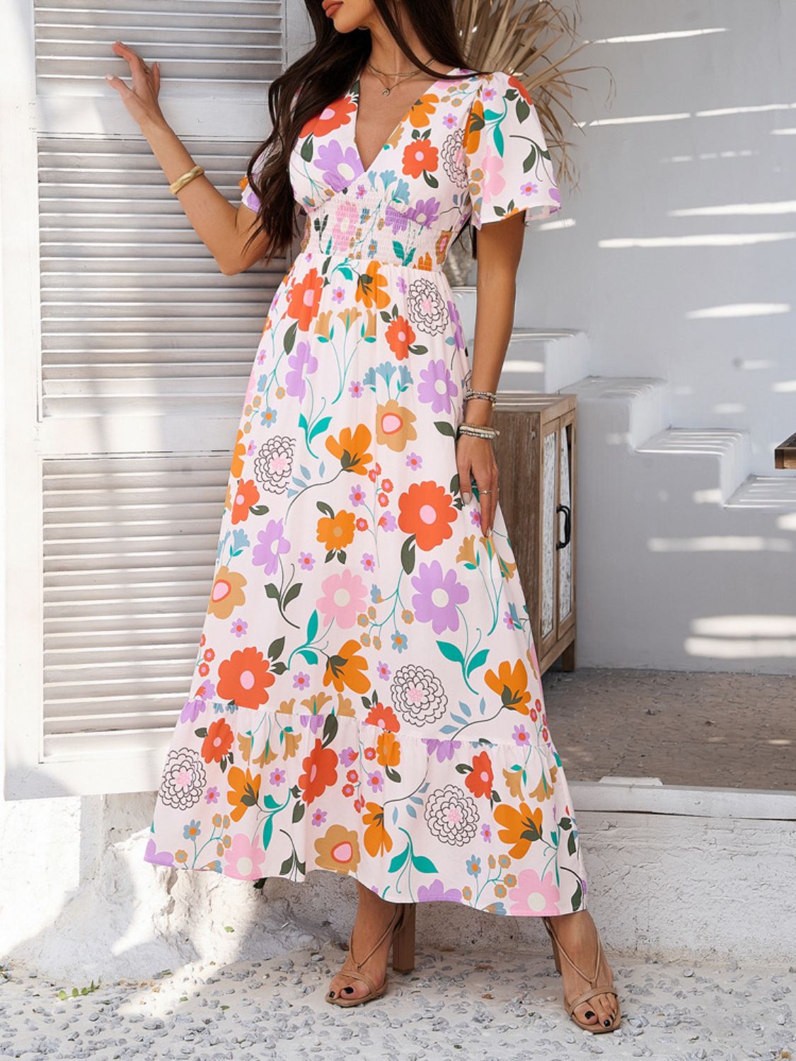 Geometric Tile Print V-Neck Short Sleeve Smocked Waist Ruffle Hem Maxi Dress 17