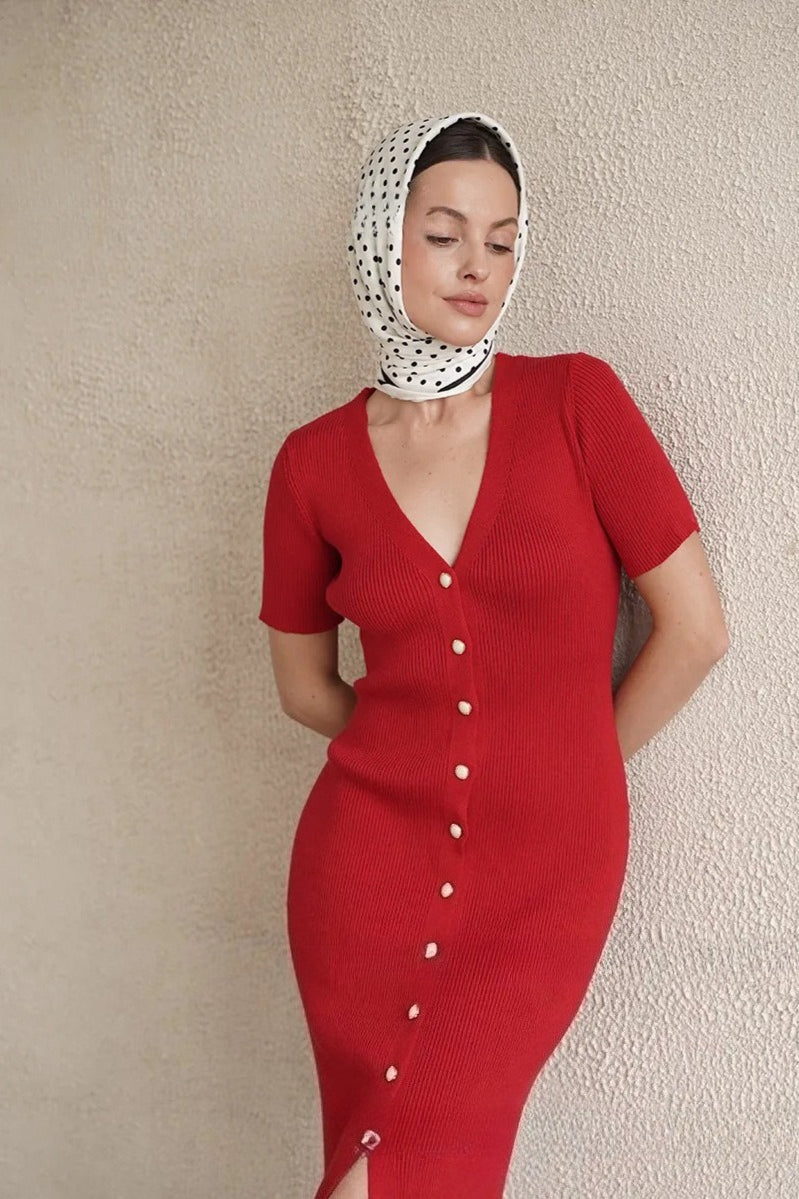 Waist Cinched V Neck Single Breasted Mini Sleeve Knit Maxi Sweater Dress