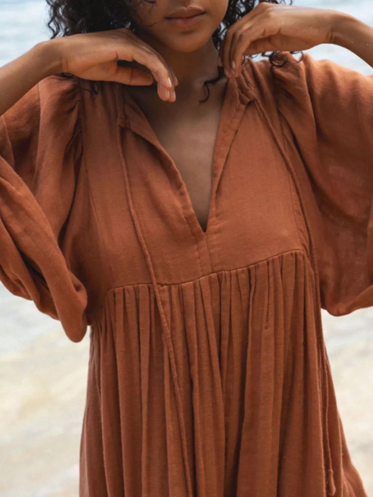 Split V-Neck Tie Neck Puff Sleeve Smock Midi Dress 7
