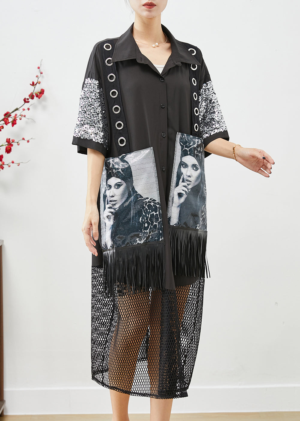 Sequin Sleeve Grommet Strap Graphic Print Fringe Mesh Hem Shirt Dress