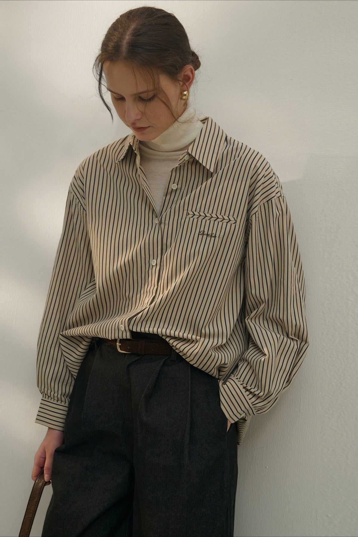 Striped Collared Long Sleeve Chest Pocket Oversized Shirt 4
