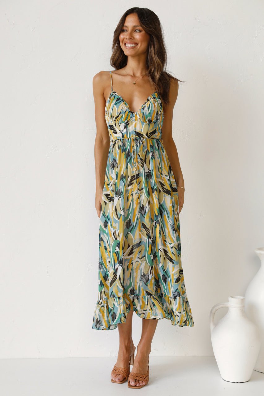 Spaghetti Strap V-Neck Tiered Ruffle Chiffon Midi Summer Dress