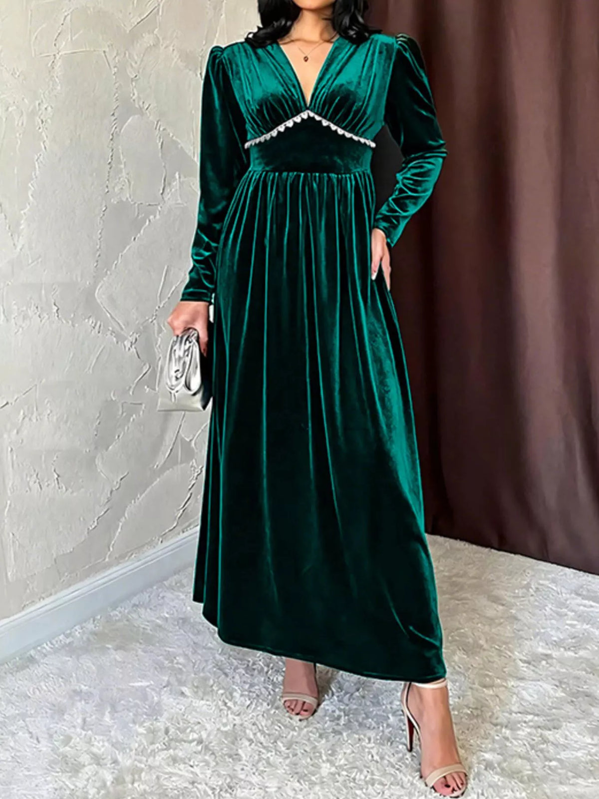 Velvet V-Neck Long Sleeve Lace Trim Empire Waist Maxi Dress 2