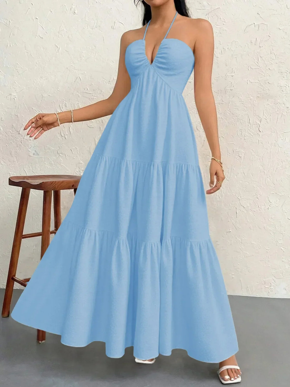 Halter Neck Deep V-Neck Sleeveless Tiered Maxi Dress 19