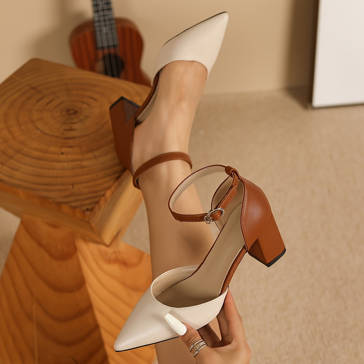 Pointed Toe Ankle Strap Block Heel Pumps