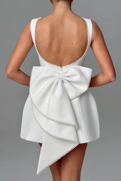 Pearl Trim Boat Neck Bow Back Fit and Flare Mini Dress