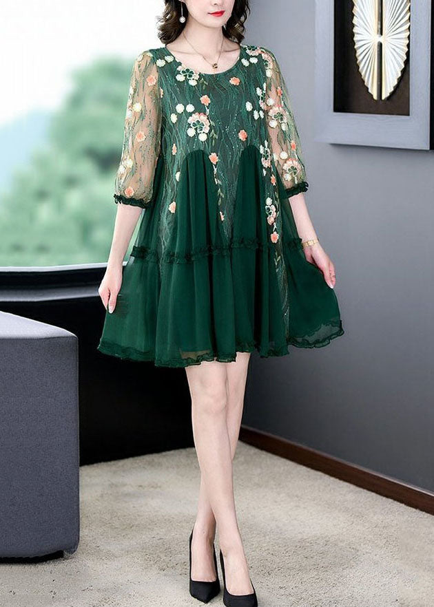 Floral Embroidered Mesh Round Neck Ruffle Cuff Tiered Pleated Mini Dress