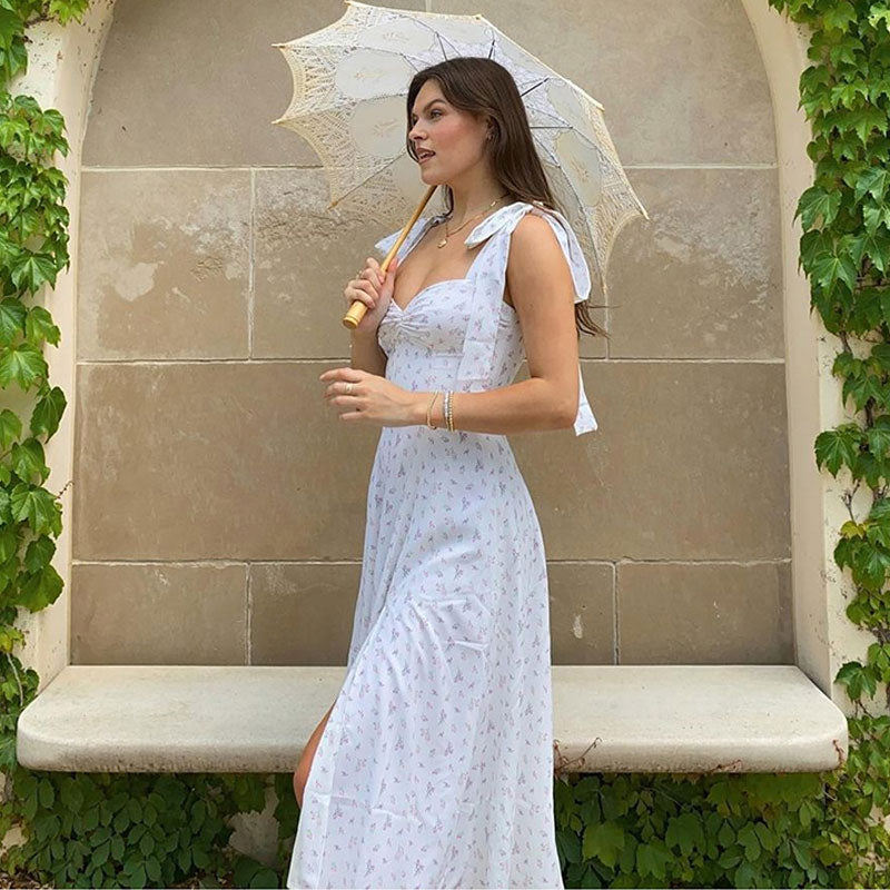 Printed High Slit A-Line Slip Midi Sundress - White