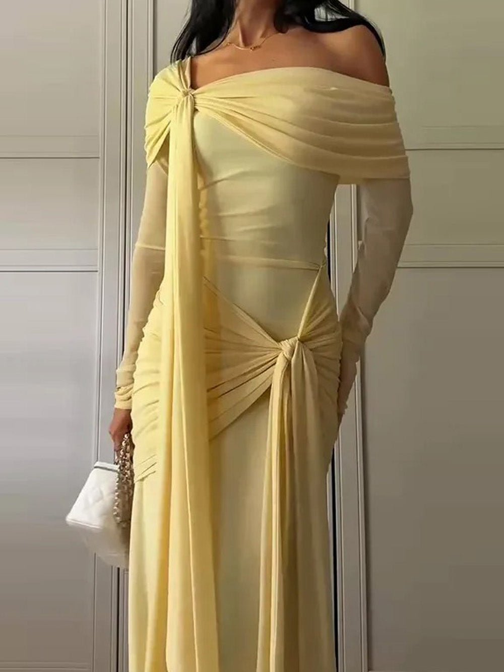 Off Shoulder Draped Ruched Long Sleeve Maxi Gown