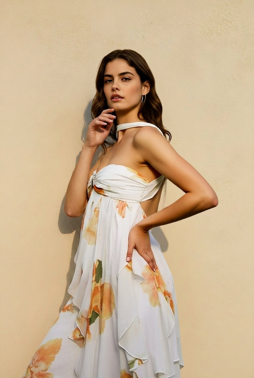 Backless Halter-Neck Lace Floral Dress