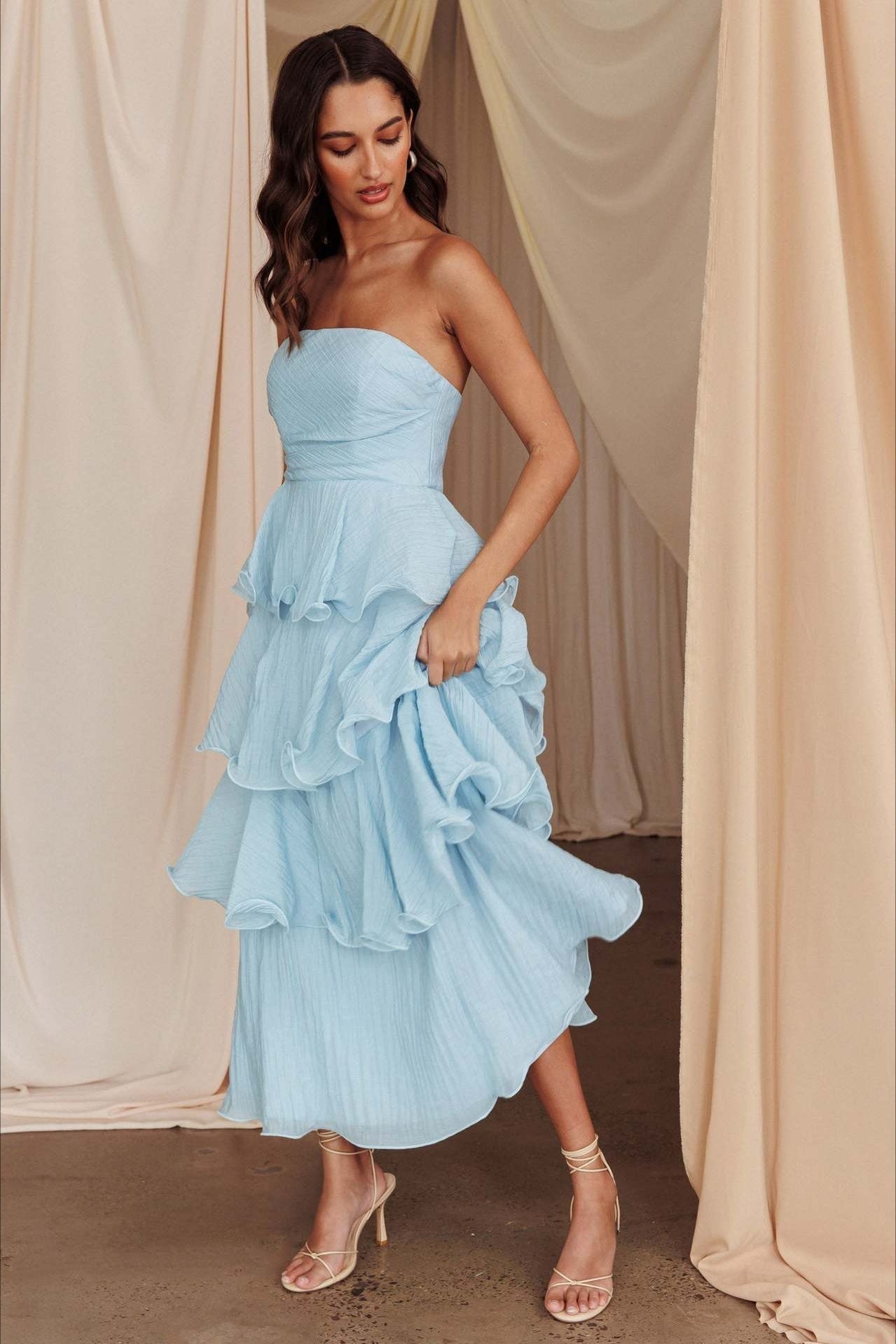 Strapless Tiered Ruffle Fit and Flare Midi Dress