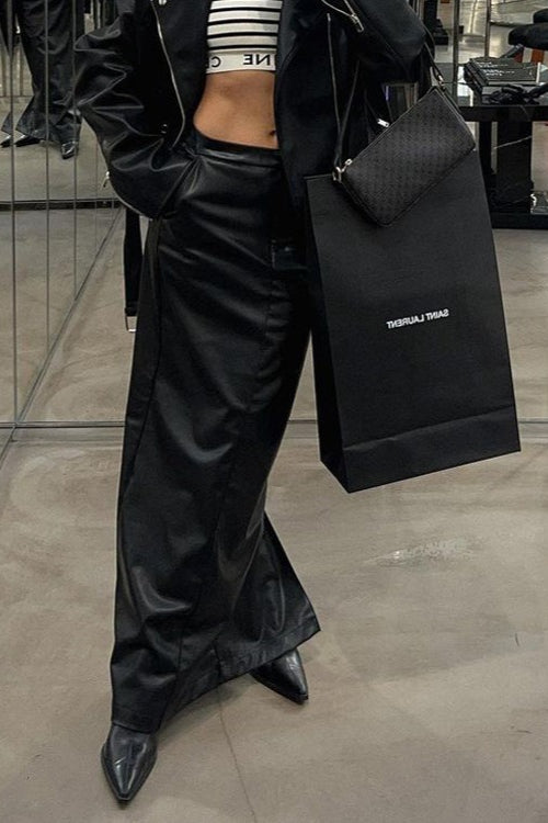 High Slit PU Leather Bodycon Skirt