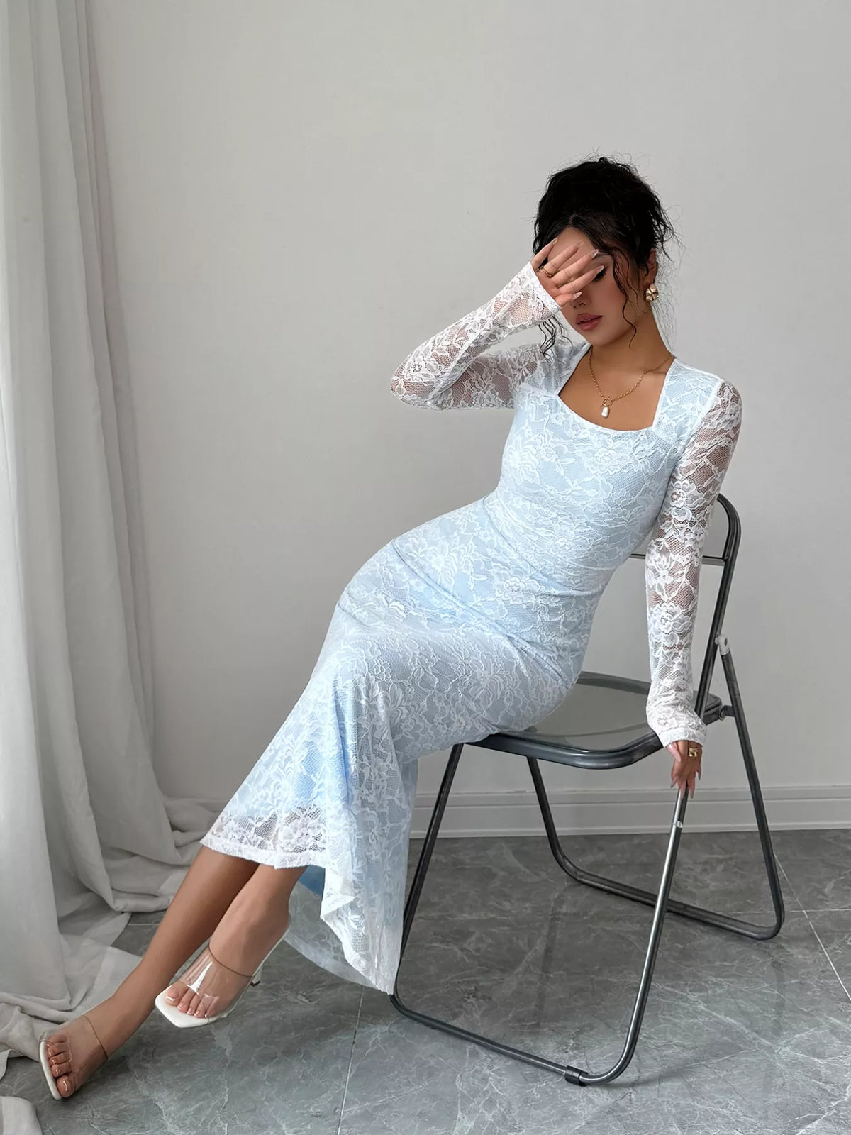 Lace Long Sleeve Square Neck Maxi Dress