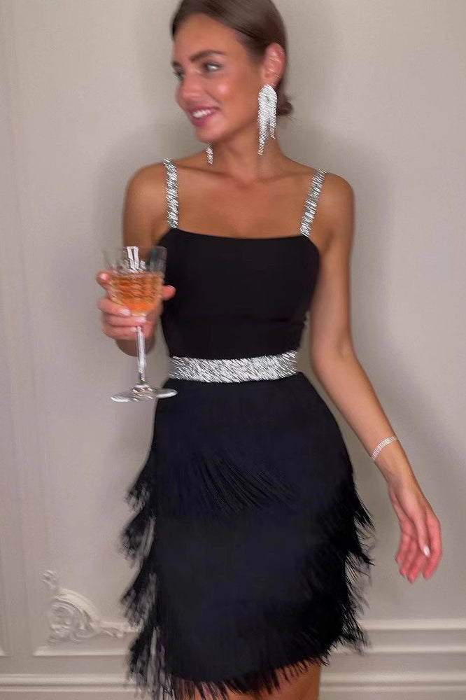 Spaghetti Strap Square Neck Rhinestone Waist Tiered Fringe Mini Cocktail Dress