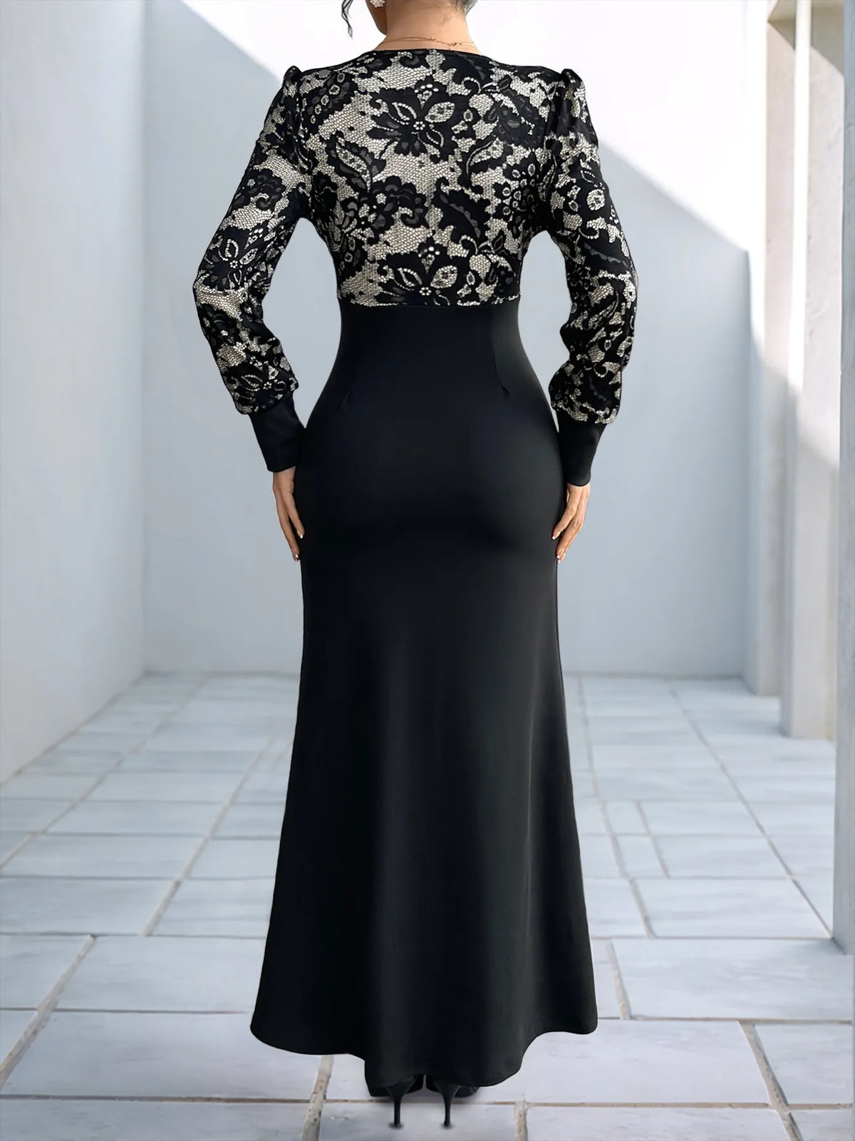 Lace V-Neck Long Sleeve Button Front Mermaid Maxi Dress 5