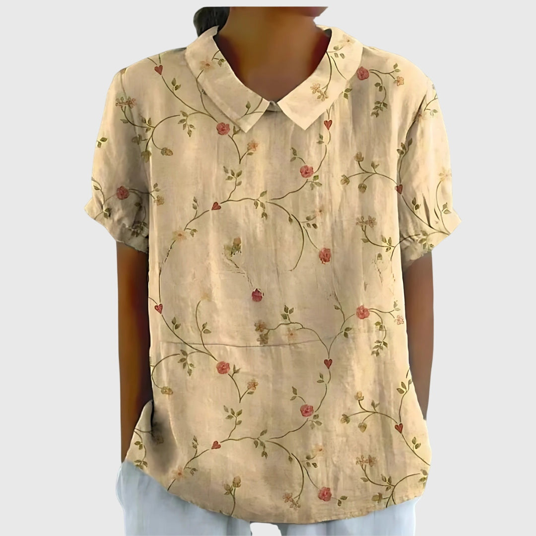 Floral Print Notch Neck Short Sleeve Linen Blouse 2