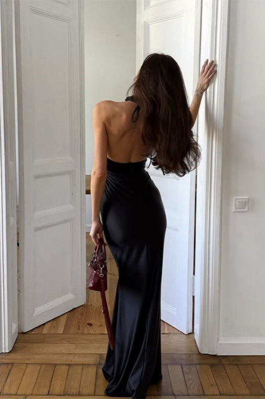 Satin Halter Neck Backless Ruched Mermaid Maxi Gown
