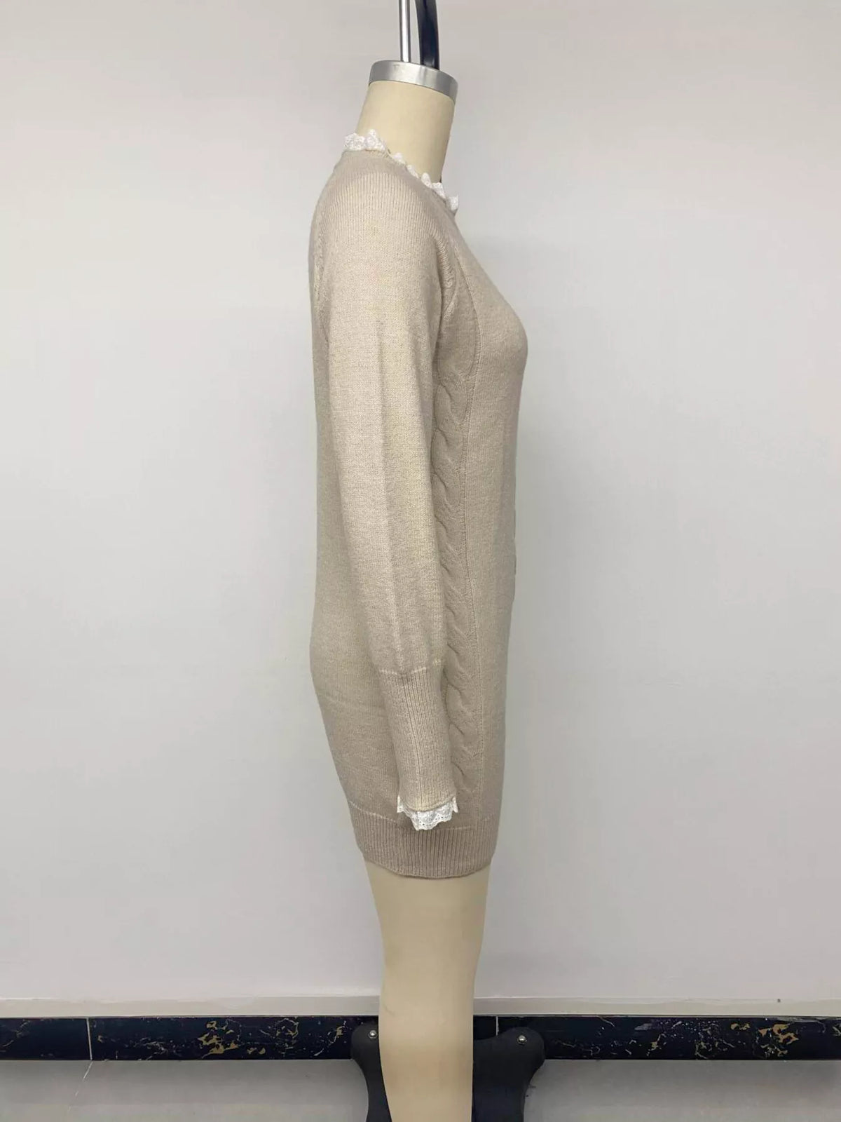 Cable Knit Raglan Long Sleeve Lace Trim Mini Sweater Dress 7
