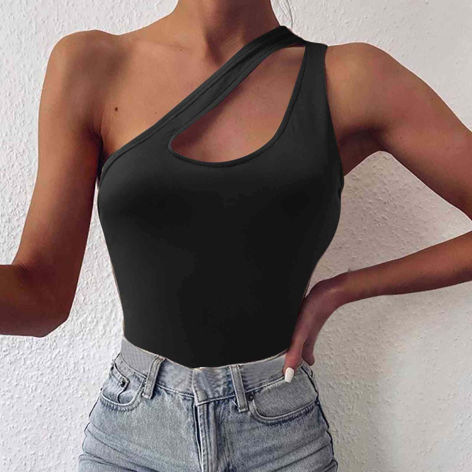 One Shoulder Cutout Cami Black clothes one shoulder shirt Ship From Overseas shirt shirts tops Y.M