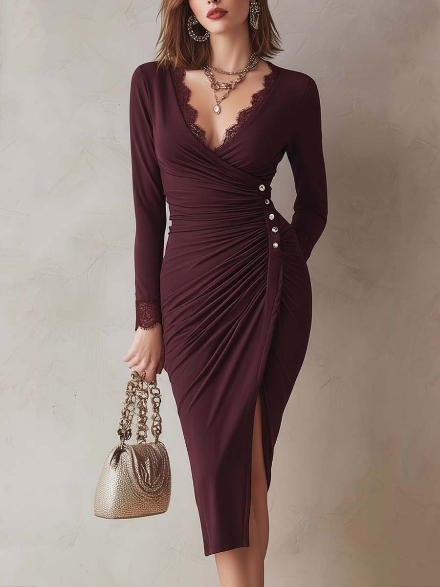 Retro Lace Neck Pleated Waist Button Decoration Midi Dress - FashionAxe