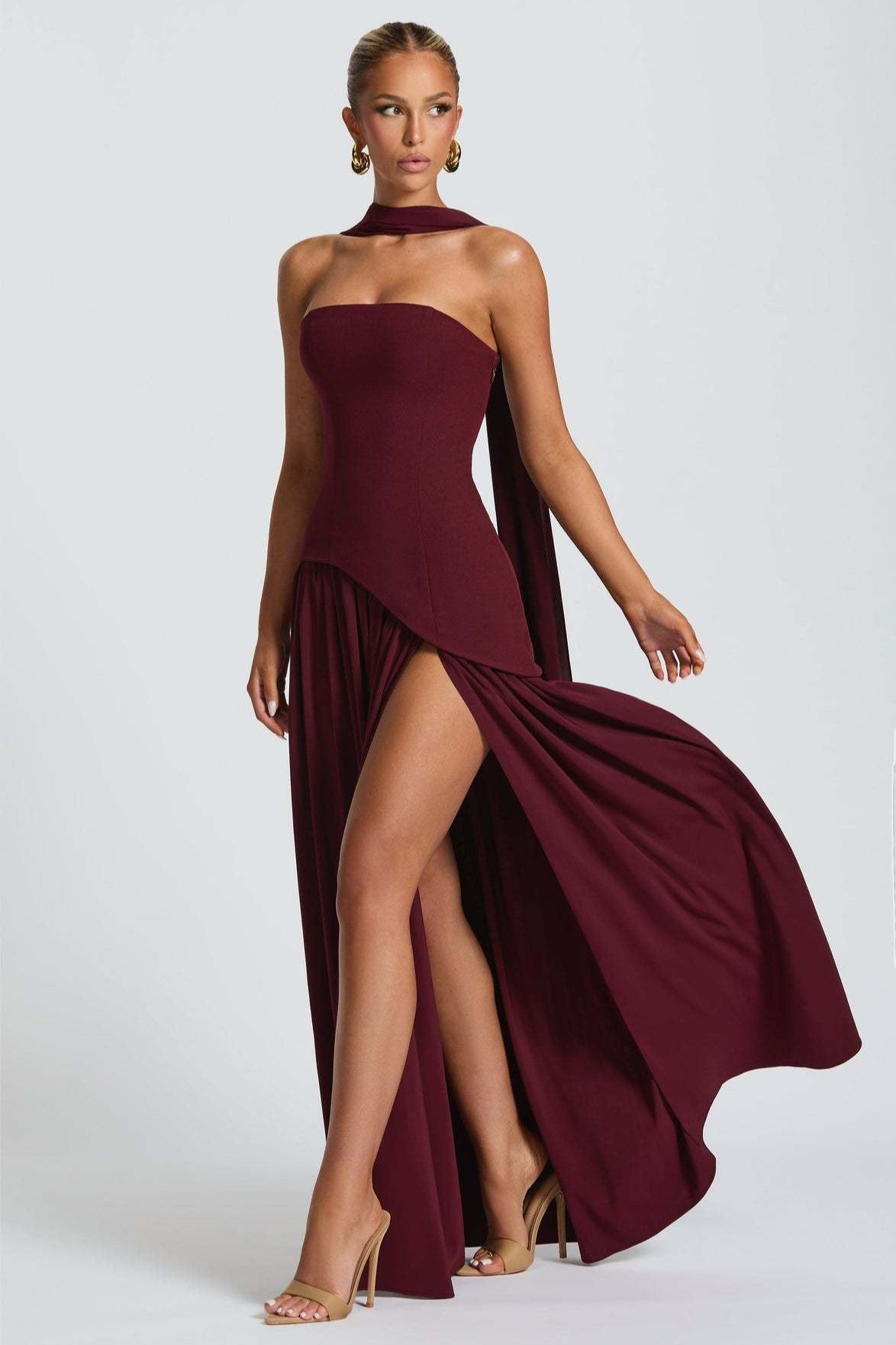 Strapless Scarf Neck High Split Draped Maxi Gown