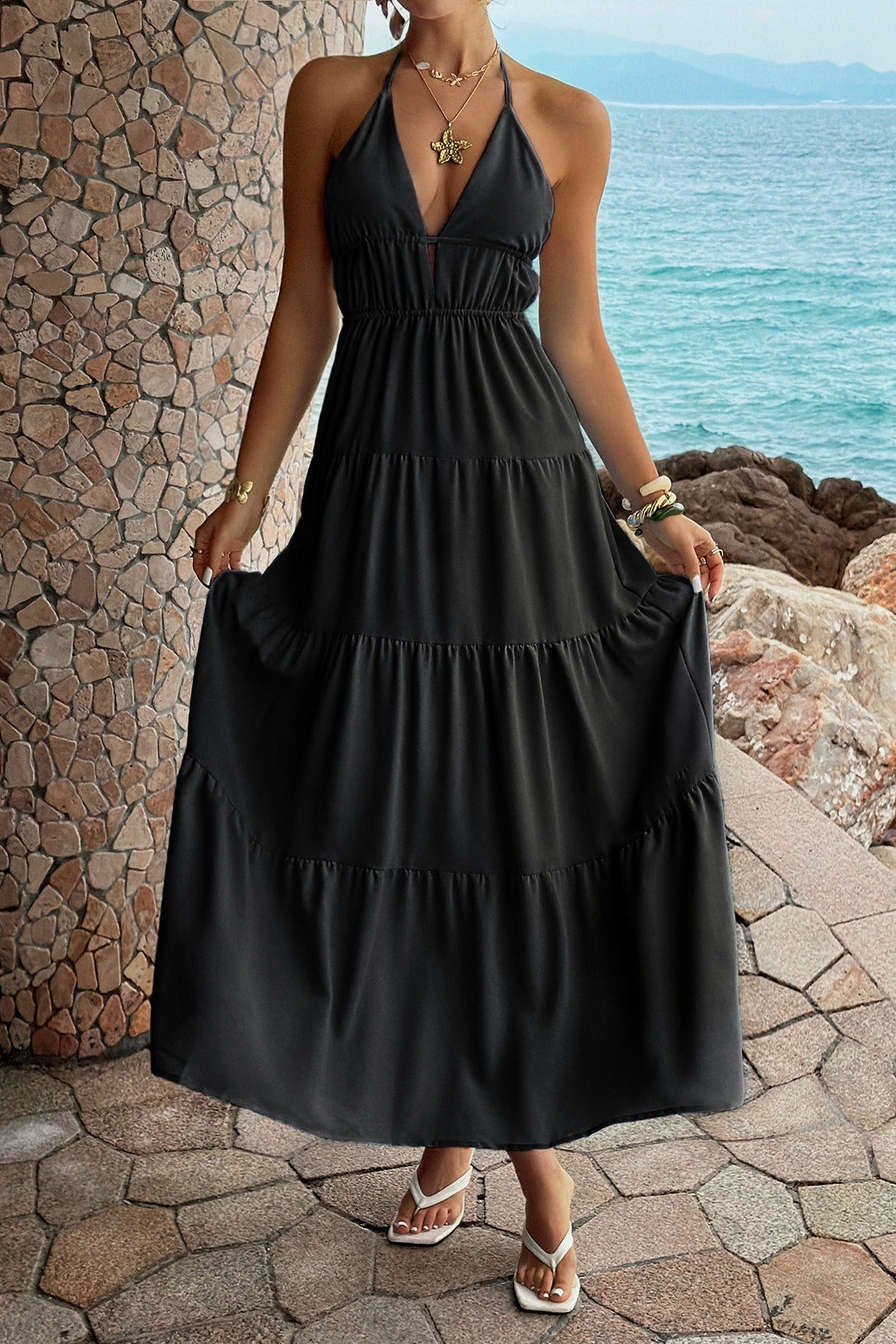 Halter Deep V Tiered Vacation Dress