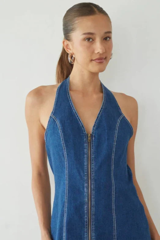 Denim-Look Halter V-Neck Zip Front Topstitched Mini Dress 2