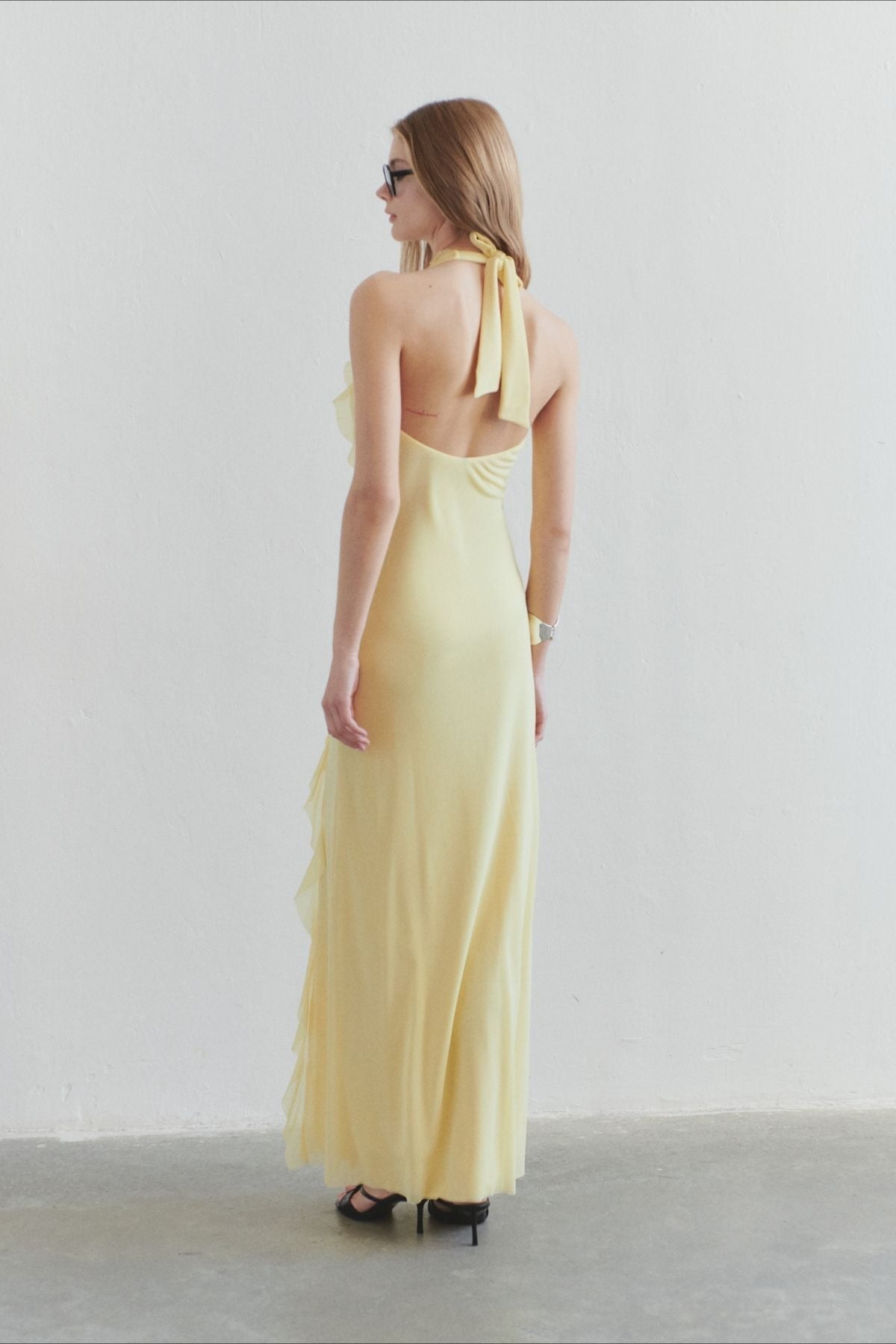 Chiffon Halter Deep V-Neck Ruffle Trim Backless Slip Maxi Dress
