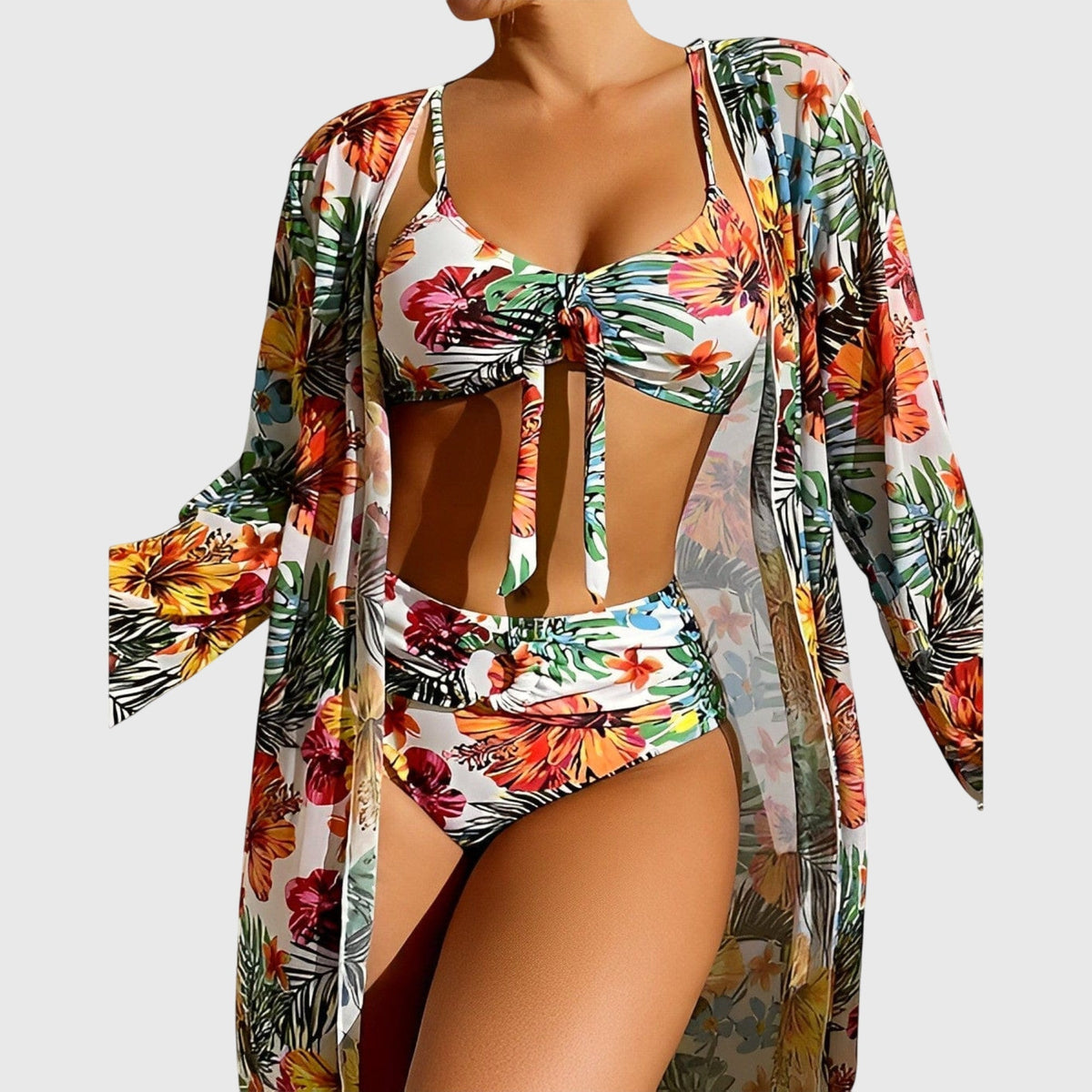 Tropical Floral Bikini and Long Cover Up Three Piece Swimsuit