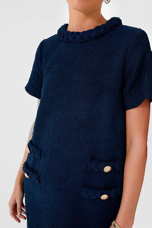 Tweed Braided Trim Faux Pocket Metallic Button Short Sleeve Shift Mini Dress