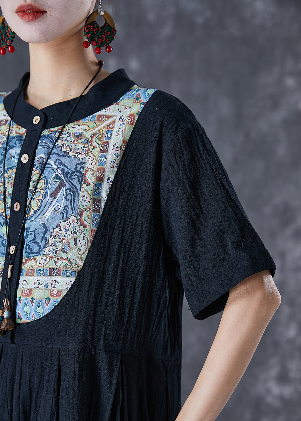Stand Collar Short Sleeve Crinkle Woven Bib Panel Pleated Pocket Midi Dress