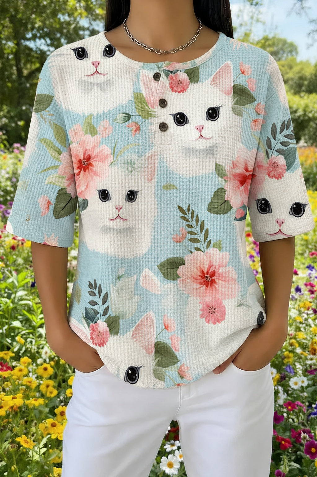 Womens Light Blue Floral White Cat Print Casual Shirt