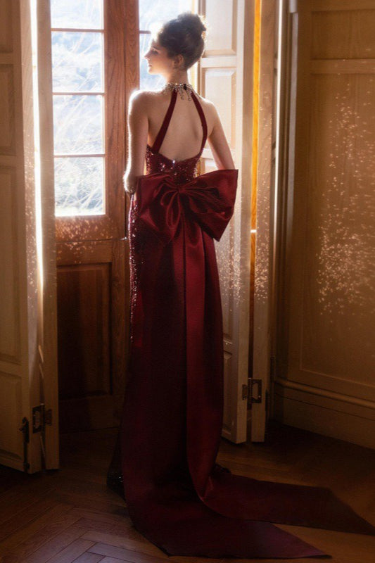 Sequin Halter Neck Plunge Backless Mermaid Gown