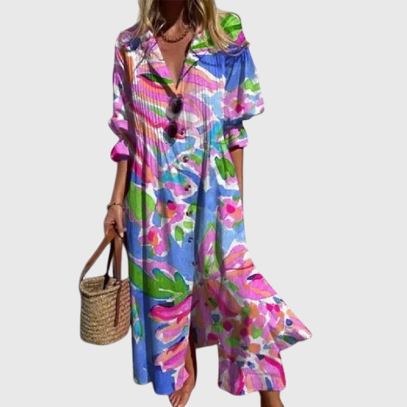 Watercolor Floral Print Split Neck Long Sleeve Maxi Dress