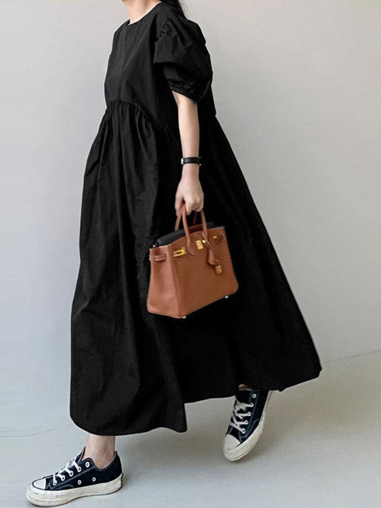 Puff Sleeve Round Neck Empire Waist Gathered Maxi Summer Dress