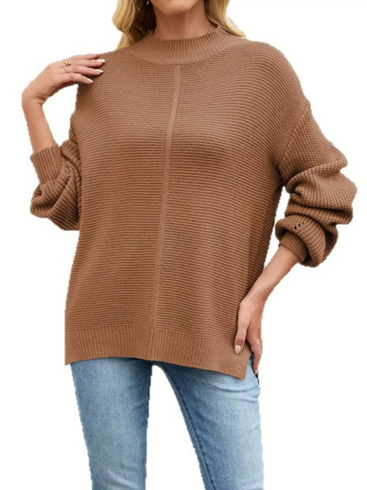 Mock Neck Drop Shoulder Front Seam Ribbed Knit Sweater 10