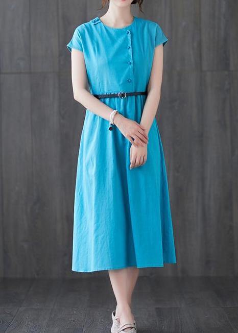 Round Neck Cap Sleeve Asymmetric Button Belted A-Line Midi Dress