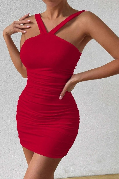 Ruched Halter Neck Cross Strap Bodycon Mini Cocktail Dress