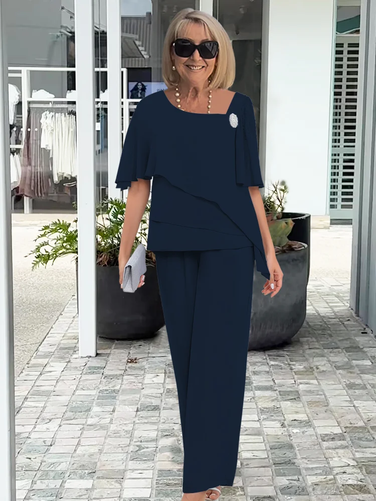 Chiffon Layered Overlay Top and Pants Two Piece Set