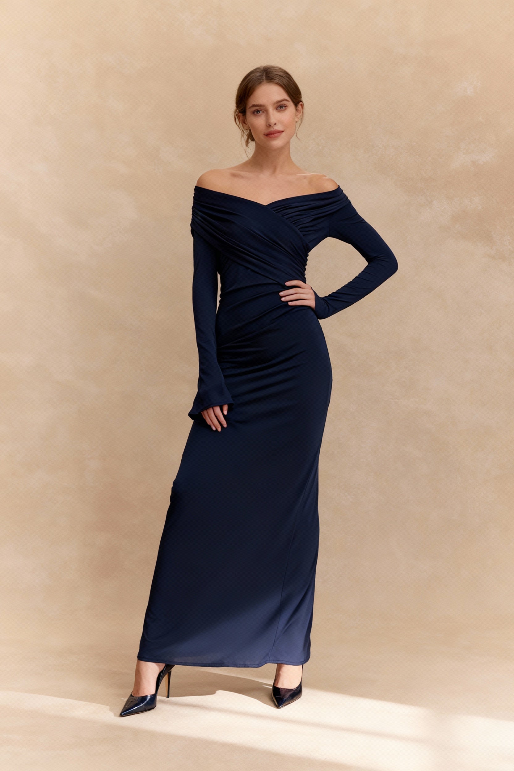 V Neck Long Long-Sleeved Ruched High Waist Maxi Dress