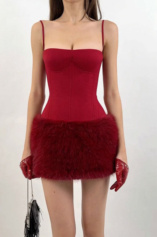 Corset Spaghetti Strap Feather Trim Mini Party Dress