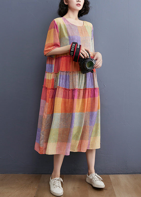 Plaid Print Crew Neck Short Sleeve Tiered Ruffle Oversized Midi Dress