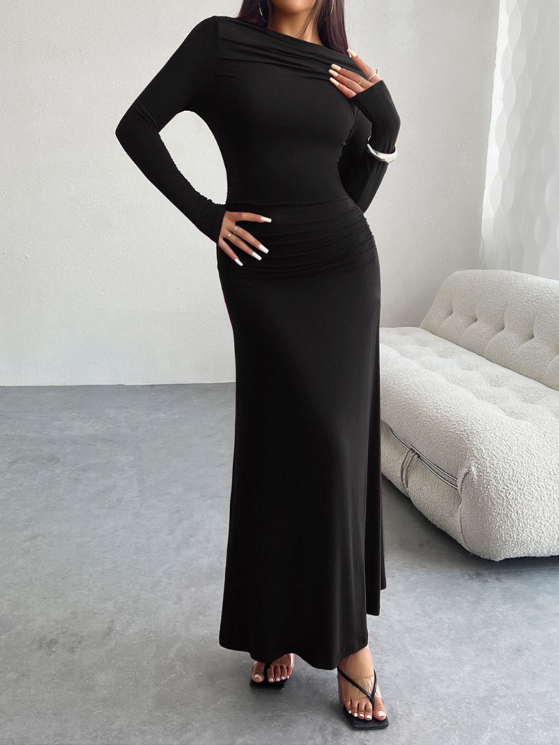 Ruched Boat Neck Long Sleeve Bodycon Maxi Dress 6