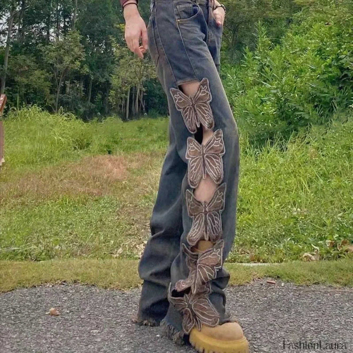 Aesthetic Side Graceful Butterflies Patchwork Jeans