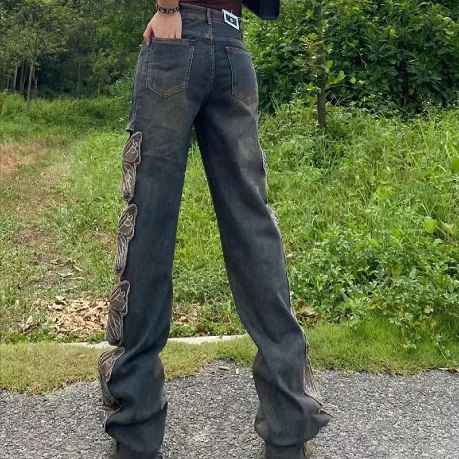 Aesthetic Side Graceful Butterflies Patchwork Jeans