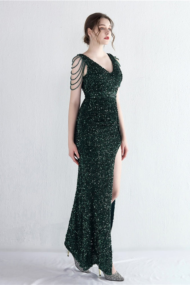 Sequin V-Neck Beaded Fringe High Split Mermaid Gown 26