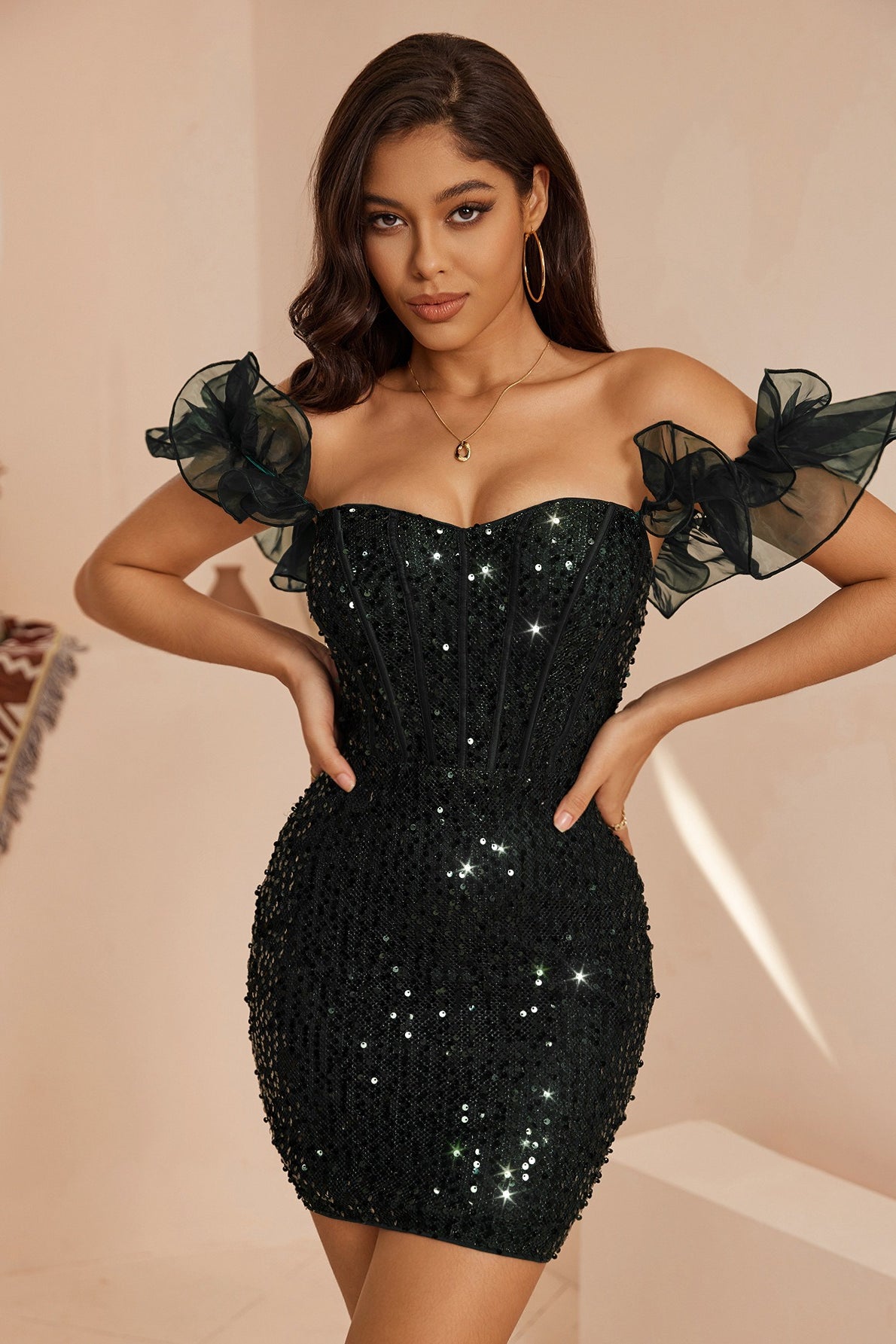 Sequin Off Shoulder Ruffle Sleeve Corset Bodycon Mini Dress - View 11